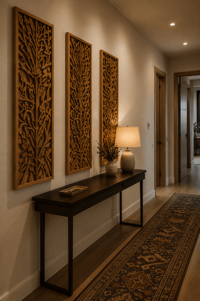 Carved botanical wood panel with leaf and vine details