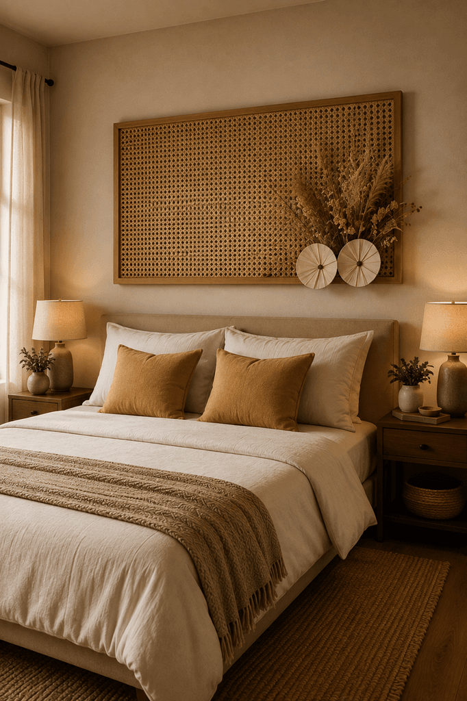 Wooden frame wall decor with woven cane and natural texture