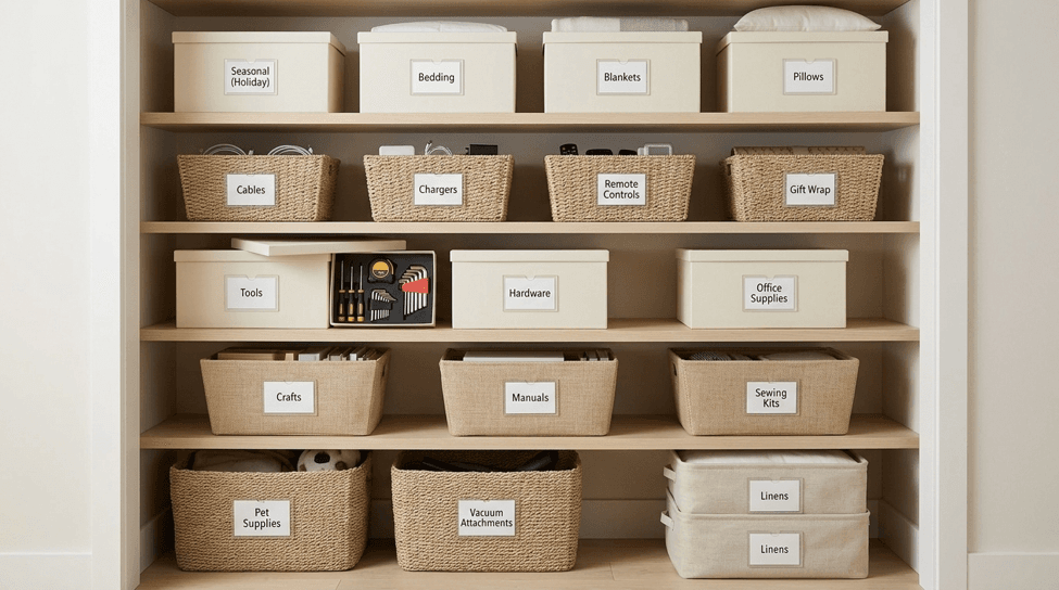 Labeled storage containers organizing hidden household items