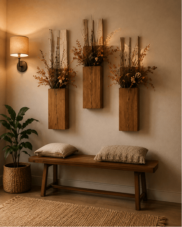 Wood wall pocket holding seasonal branches and greenery