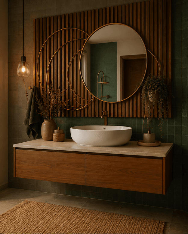 Wooden mirror sculpture with layered wood framing