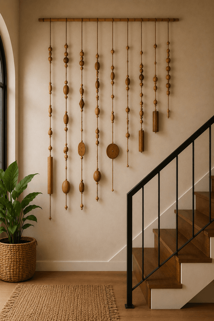 Hanging wood bead installation for a narrow wall
