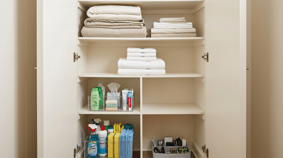 Similar household items grouped together in designated storage