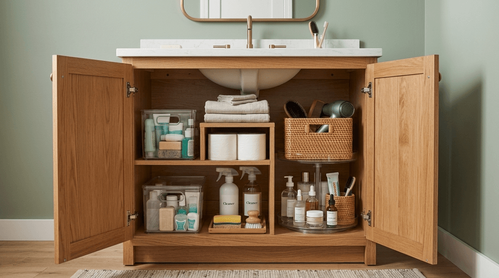 Cabinet divided into practical storage zones with bins and organizers