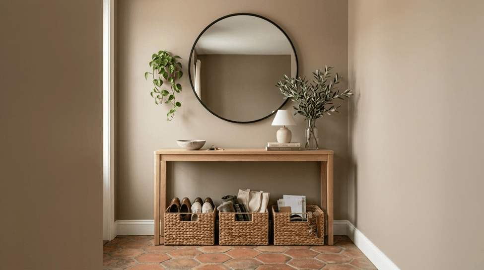 Storage baskets hiding everyday clutter in a small room