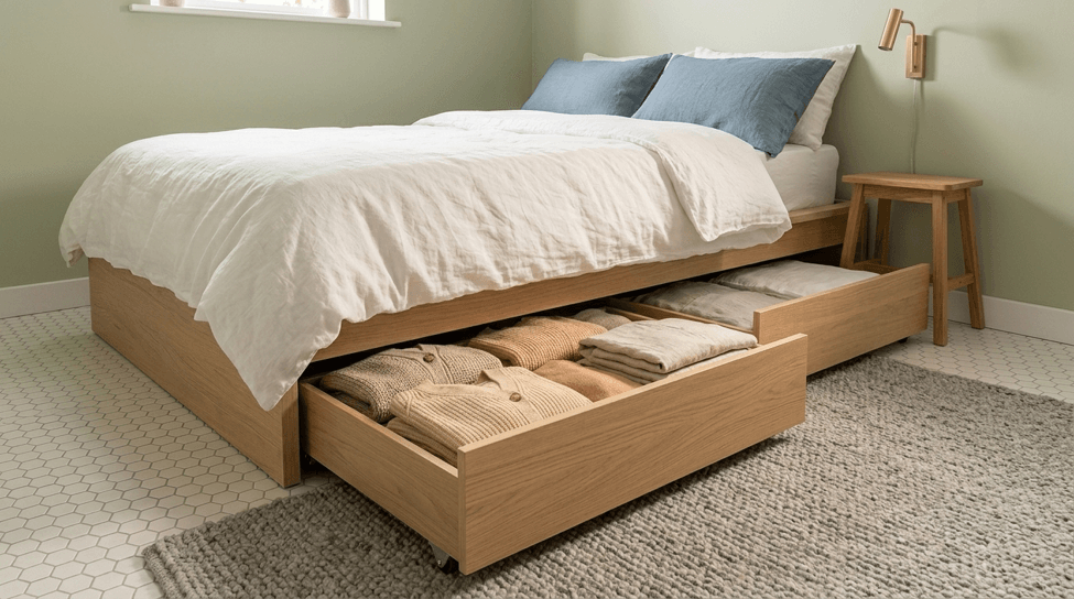 Under-bed storage containers in a small bedroom