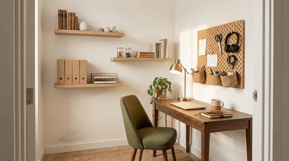 Vertical wall shelves and storage used to organize a small room