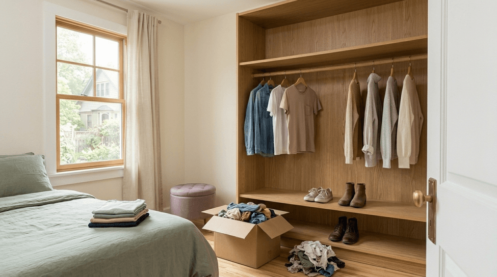 Decluttered small room with organized storage and clear surfaces