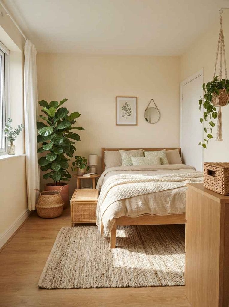 Renter bedroom decorated with indoor plants, woven baskets, natural wood, and textured bedding