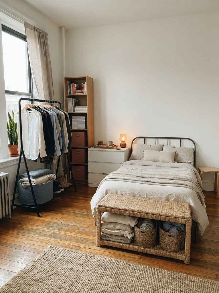 Rental bedroom using freestanding clothing storage, shelving, baskets, and a storage bench