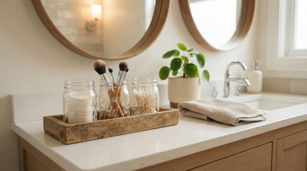 Bathroom countertop organizer holding small toiletries and accessories