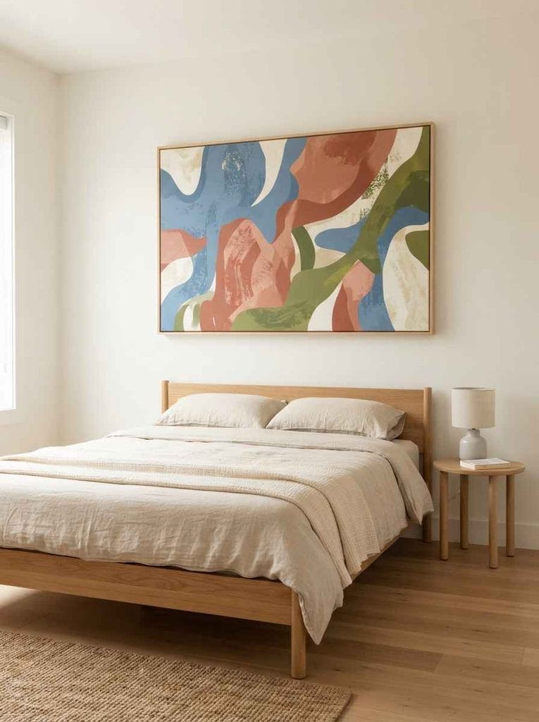 Simple rental bedroom featuring one large colorful artwork as a statement piece