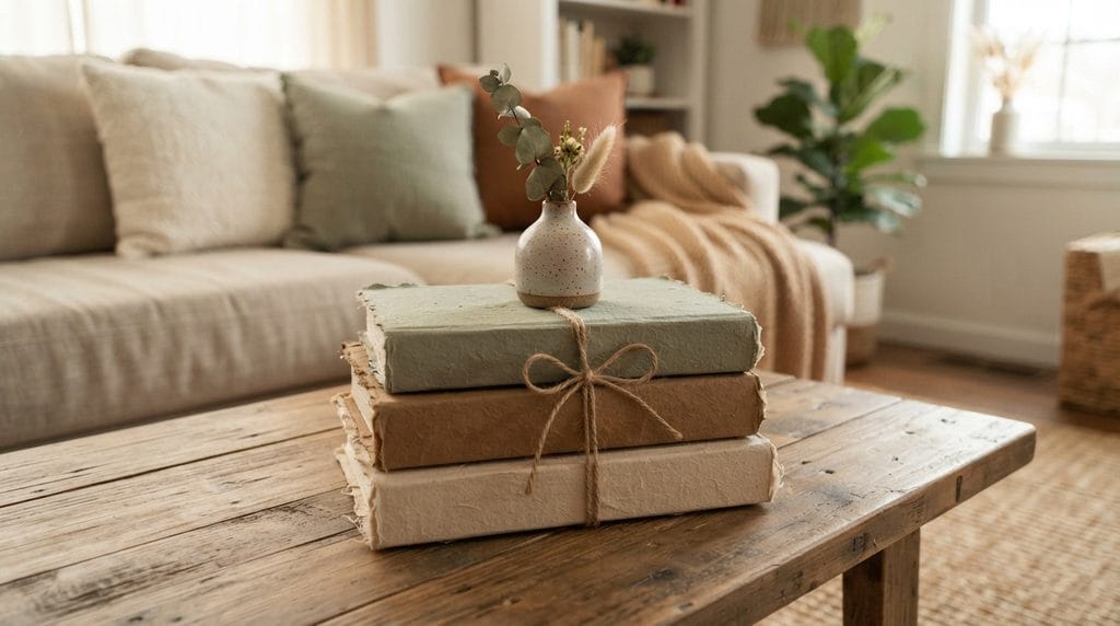 DIY decor idea using stacked books as a simple decorative display