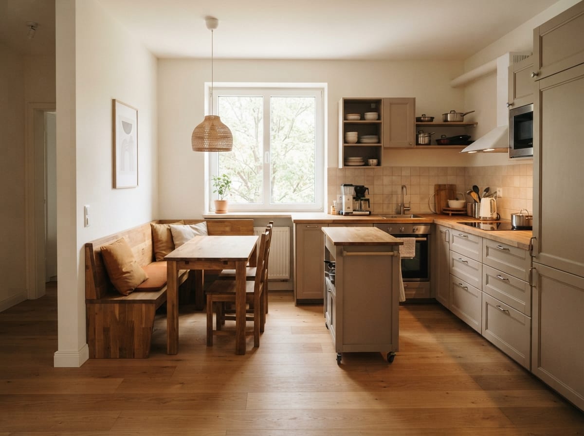 Compact open-plan kitchen and dining room layout for a small space