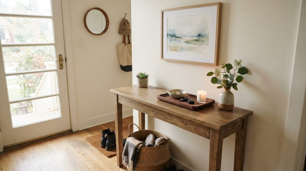Entryway console table with catch-all tray