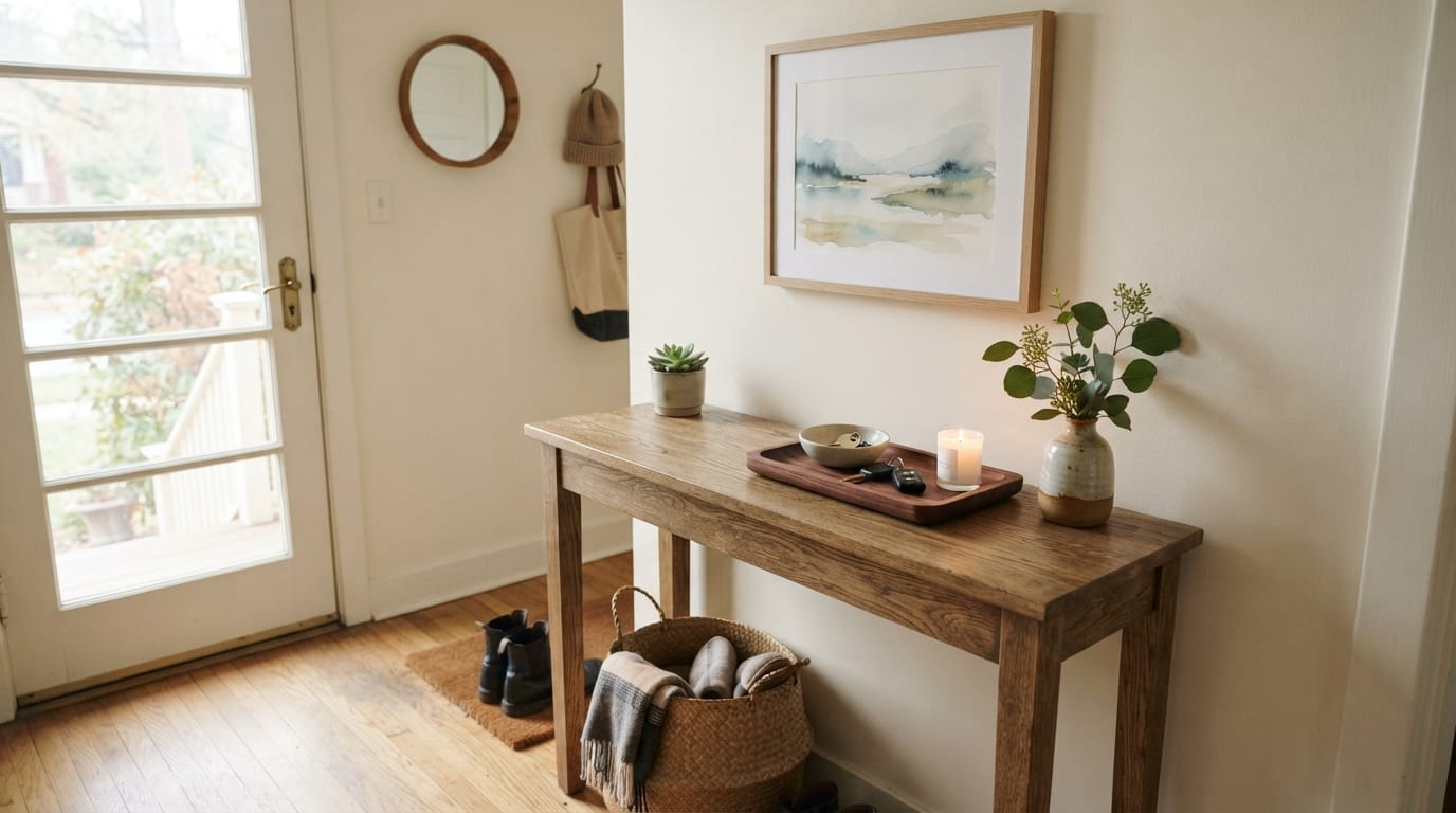 Entryway console table with catch-all tray