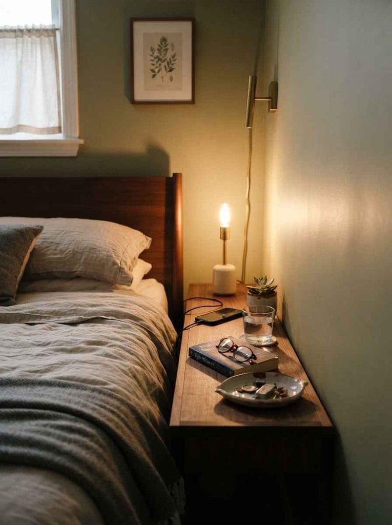 Small rental bedroom with a narrow bedside table organized for practical everyday use