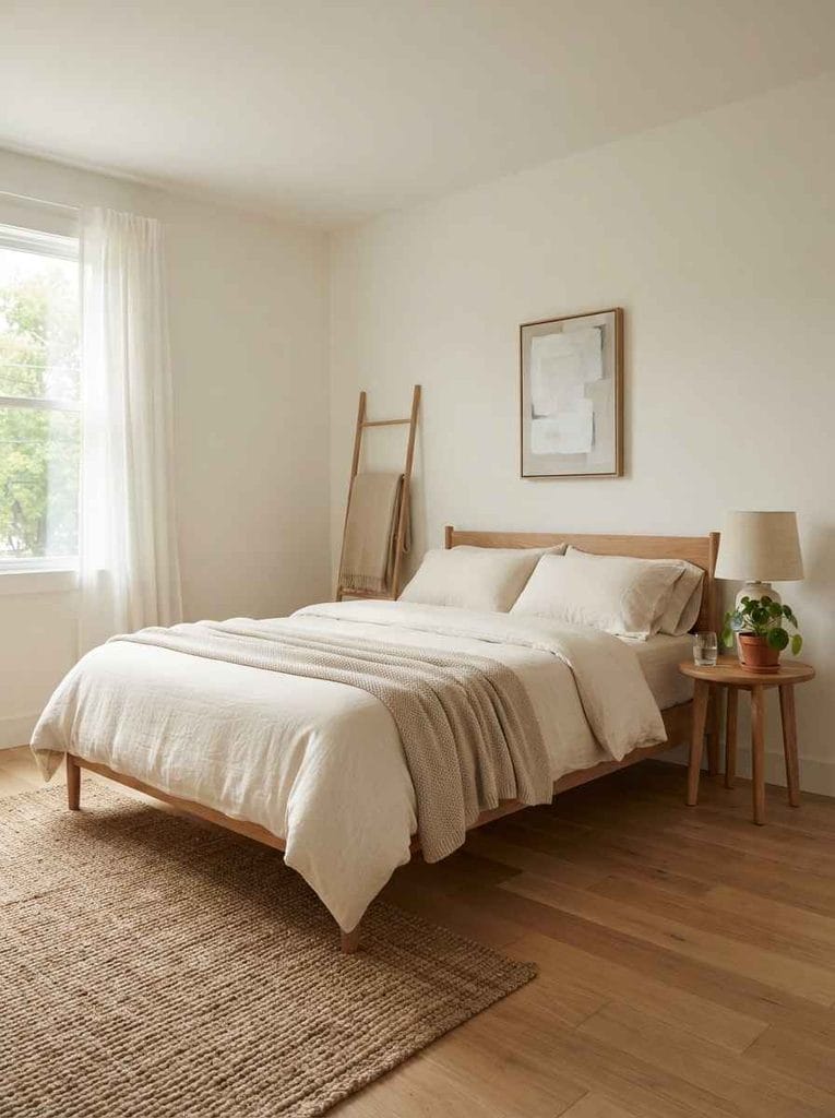 Simple rental bedroom with minimal furniture, neutral bedding, a small plant, and subtle wall art
