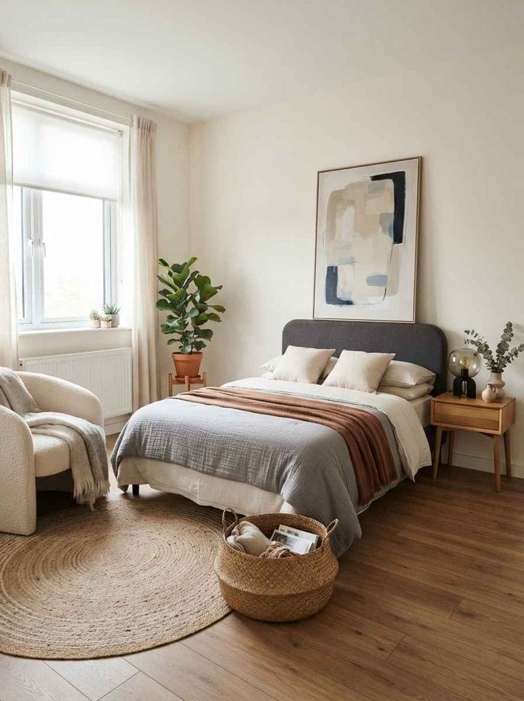 Modern rental bedroom styled with contemporary furniture and decor without permanent renovations