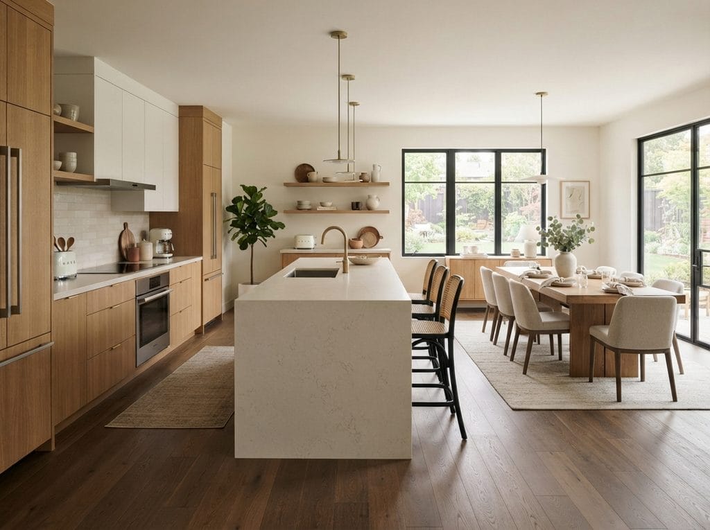Kitchen island positioned between the cooking area and dining table