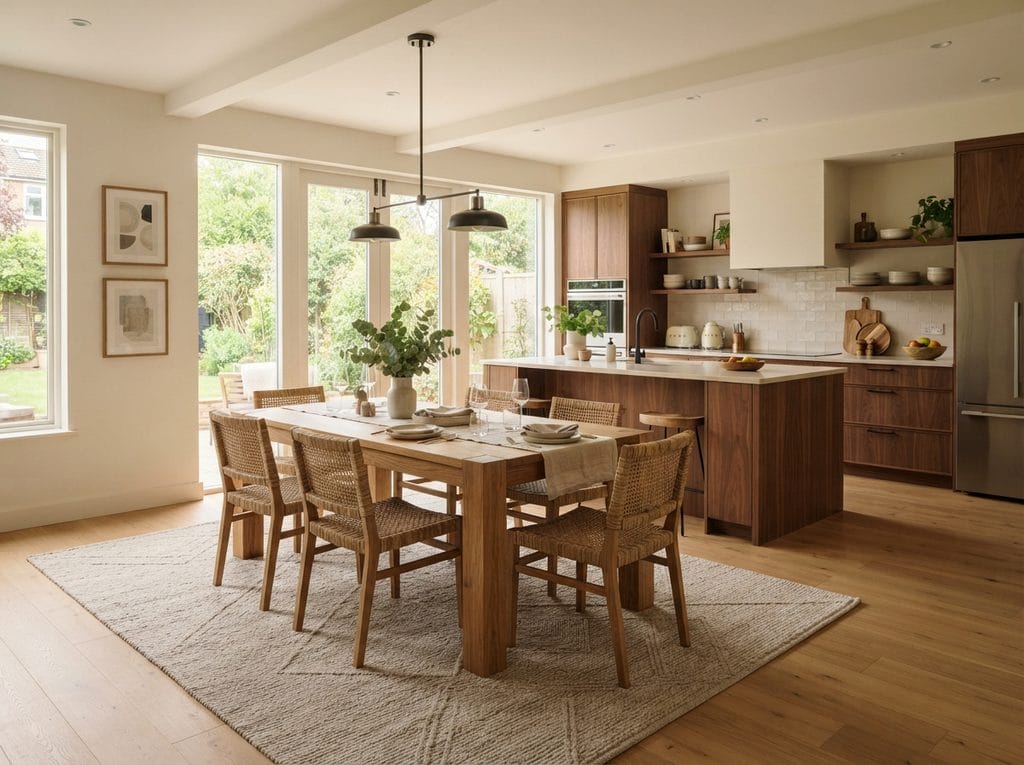 Wooden dining table and chairs placed on a large area rug beside the kitchen