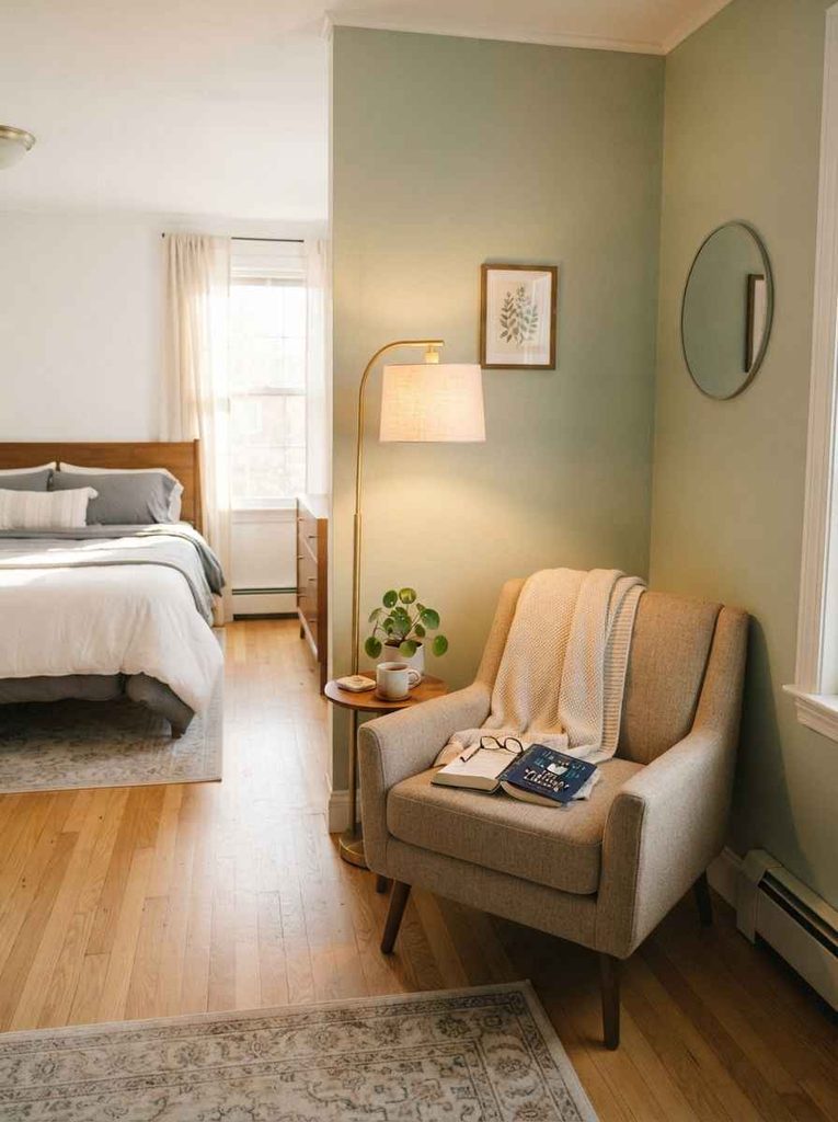 Rental bedroom with an unused corner transformed into a cozy reading area with a chair and floor lamp