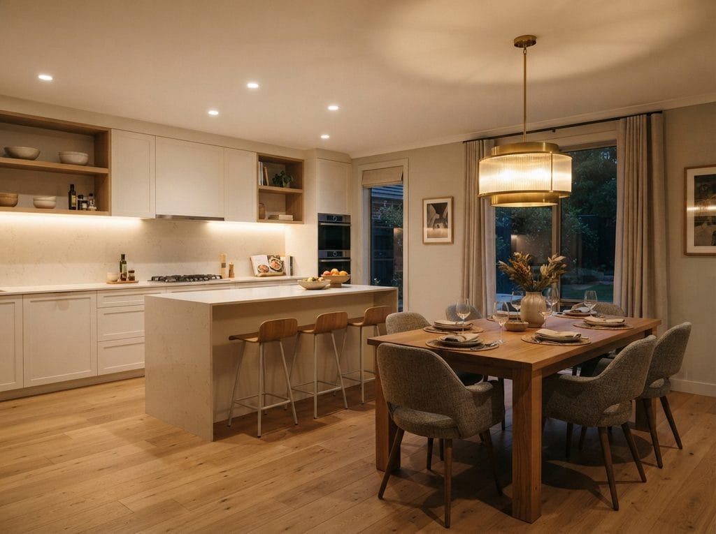 Open plan kitchen and dining area with layered task and pendant lighting