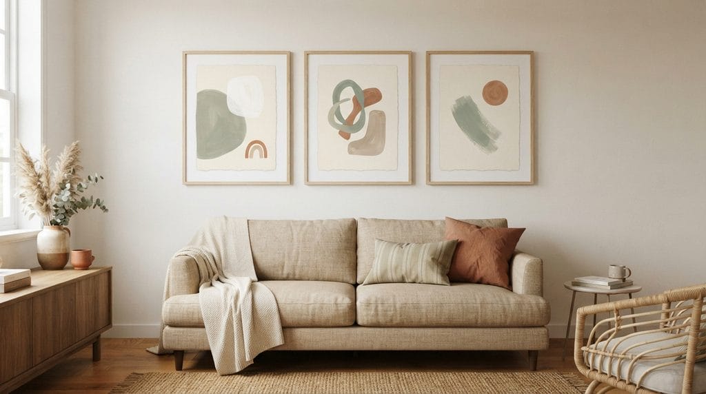 Neutral abstract wall art in a simple wooden frame