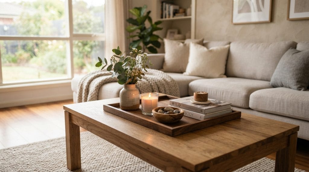 Layered coffee table arrangement with books, a candle, and a small vase