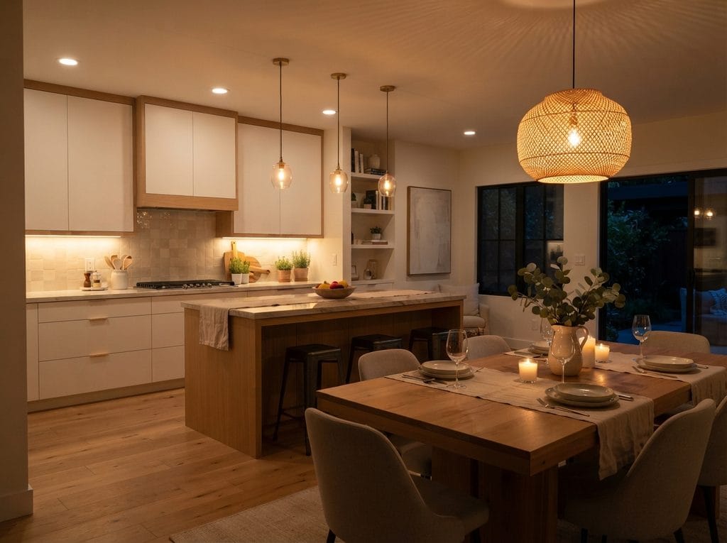 Dining table illuminated by a decorative pendant light beside the kitchen