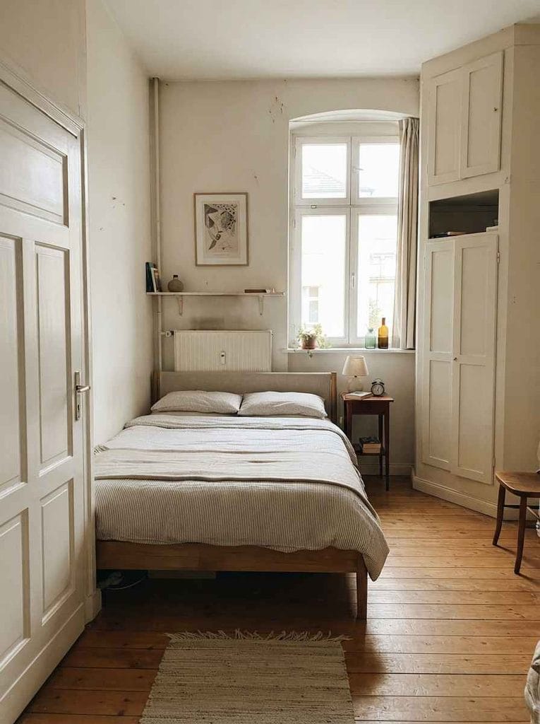 Rental bedroom arranged around a radiator, doorway, wardrobe, and other awkward fixed features