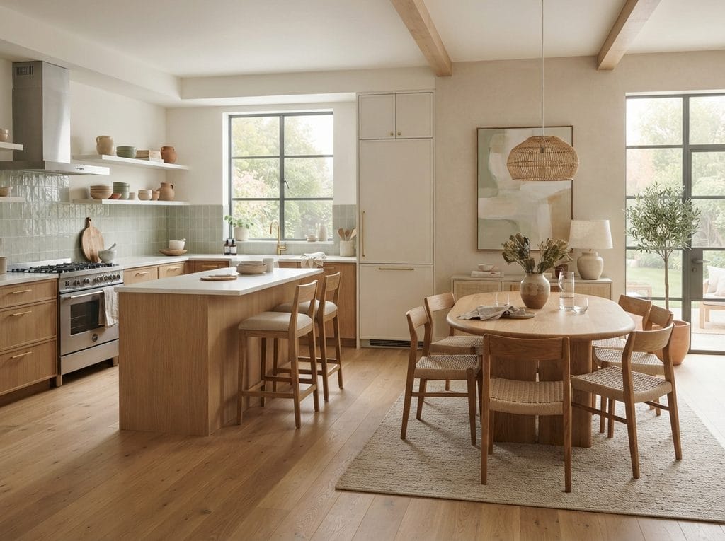 Kitchen and dining area decorated with coordinated warm neutral colors