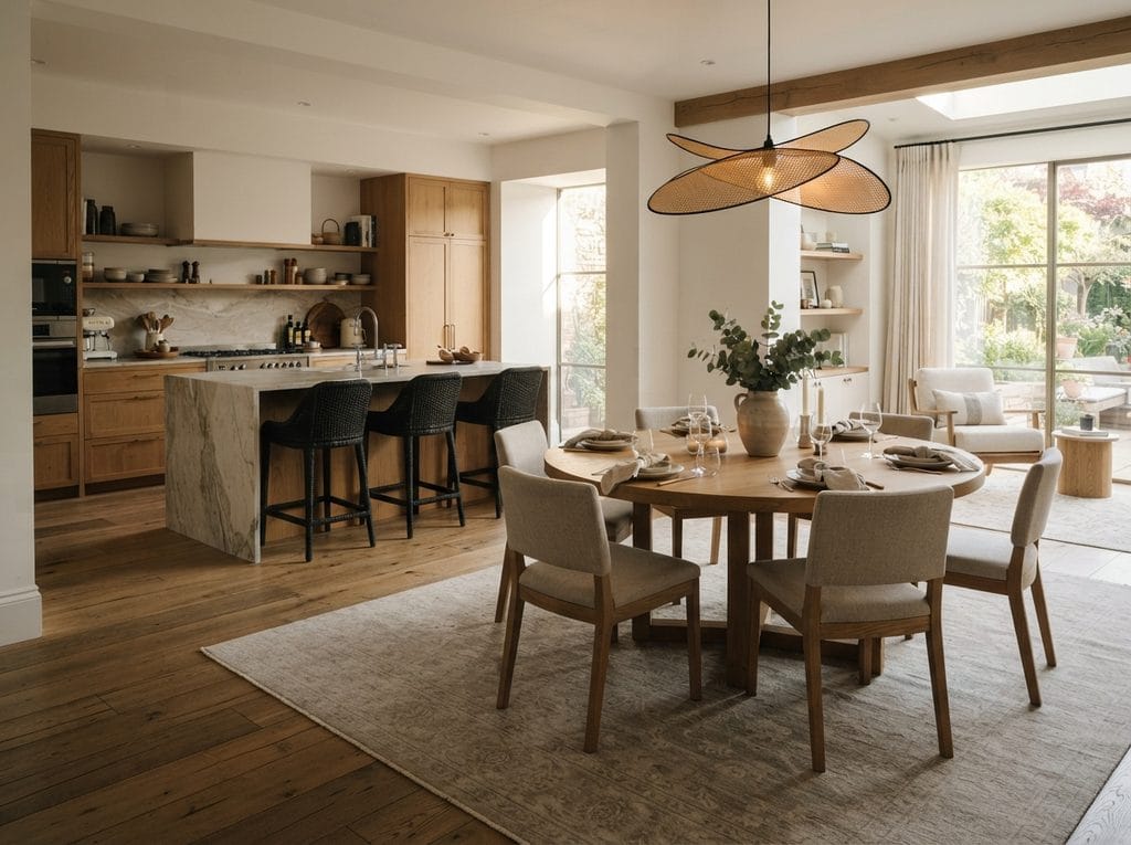 Dining area visually separated from the kitchen with a rug and furniture placement