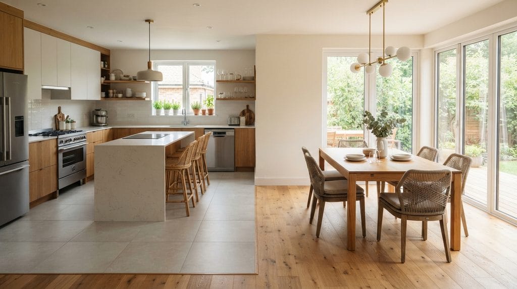 Dining area with wood flooring contrasting with the kitchen floor