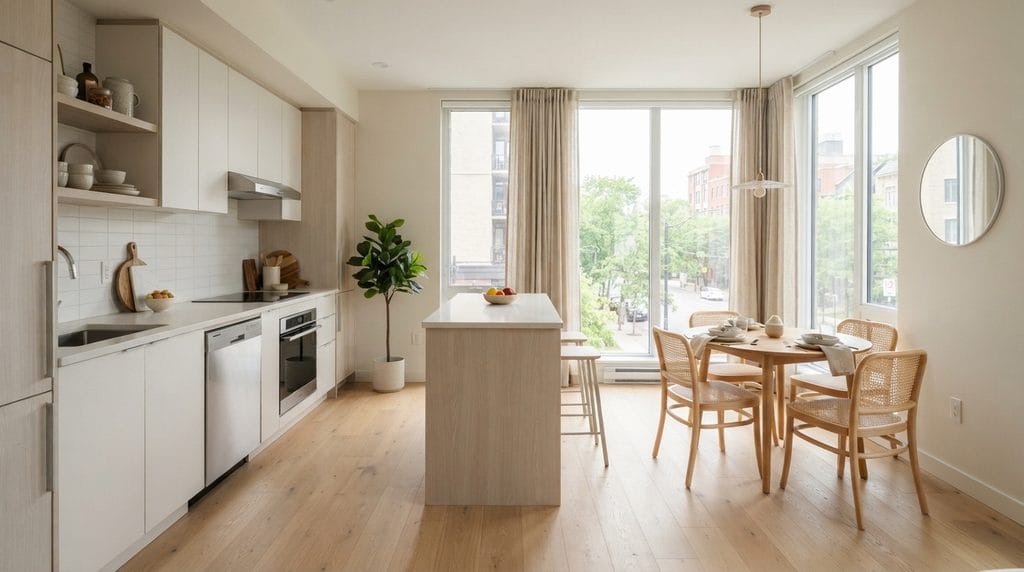 Small open plan kitchen and dining room designed to feel spacious