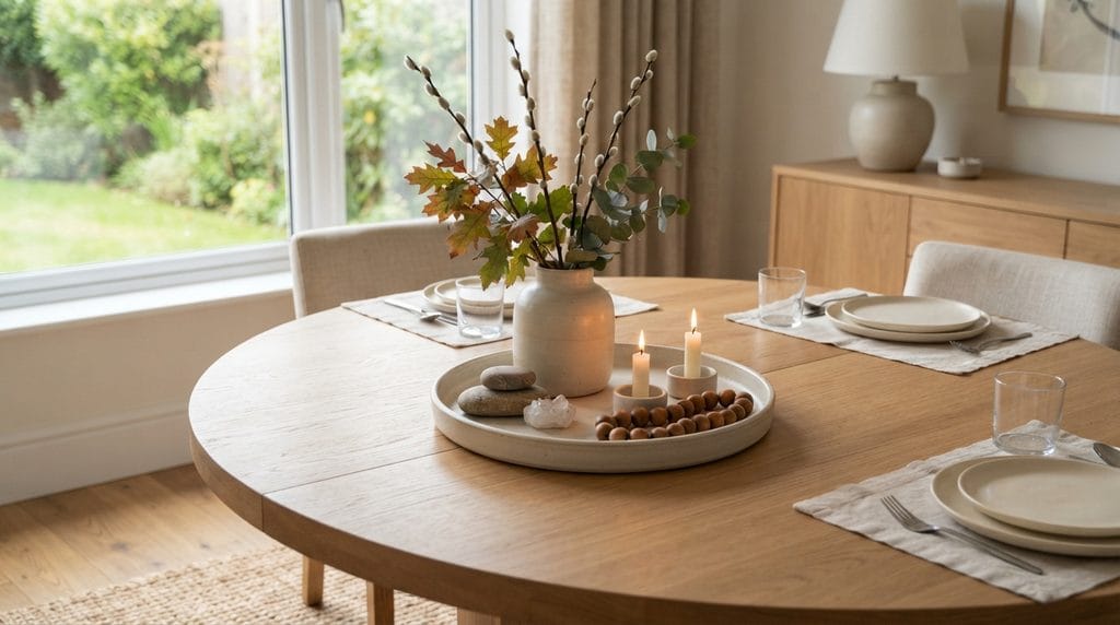 Seasonal table centerpiece with branches, candles, and neutral decorations