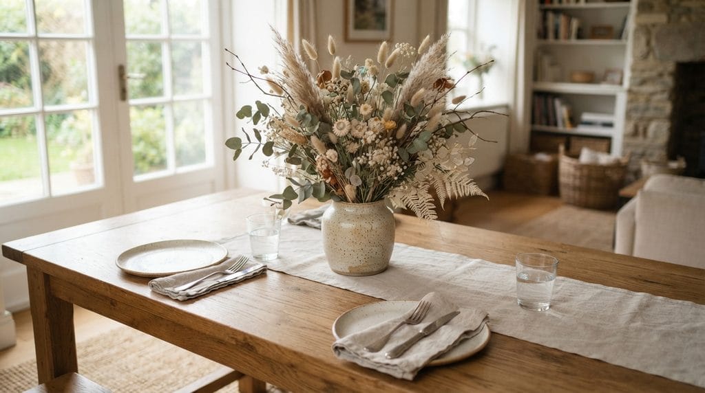 Dried flower centerpiece in a simple ceramic vase