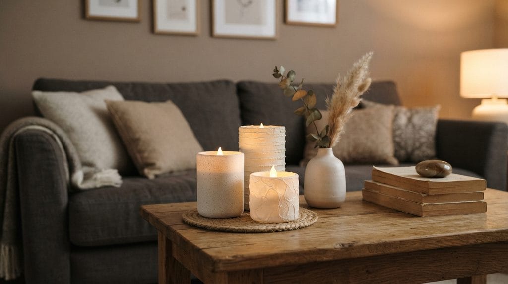 DIY home decor idea featuring textured cream candle holders