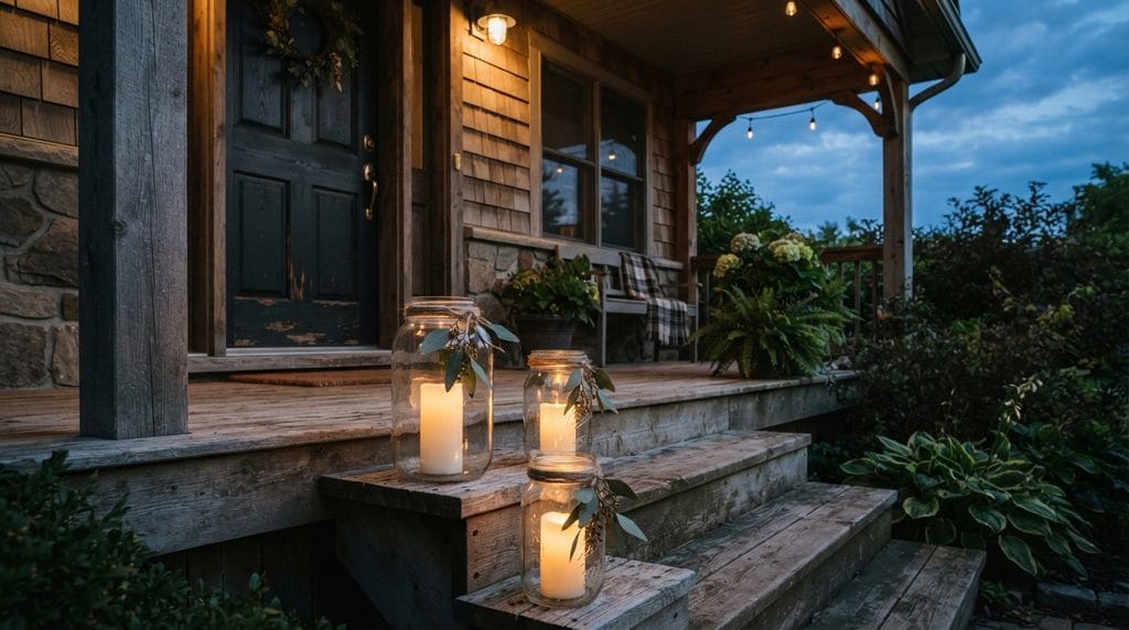 Handmade lantern with warm light on a wooden side table