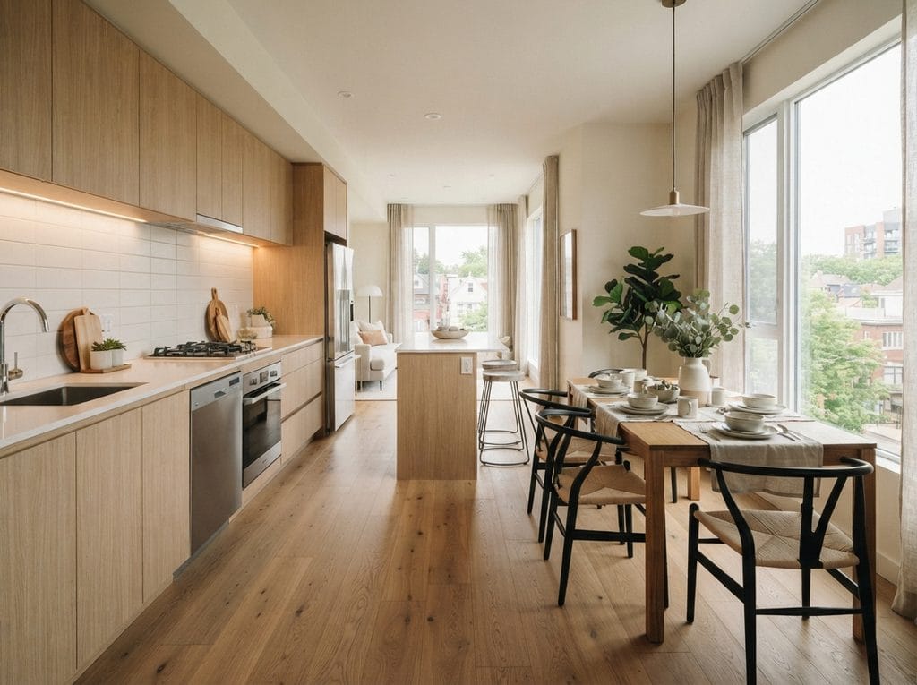 Narrow kitchen with a slim dining table arranged along the main walkway