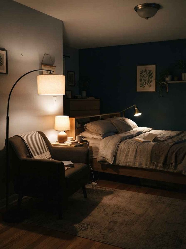 Rental bedroom using a bedside lamp, floor lamp, and reading light for layered lighting