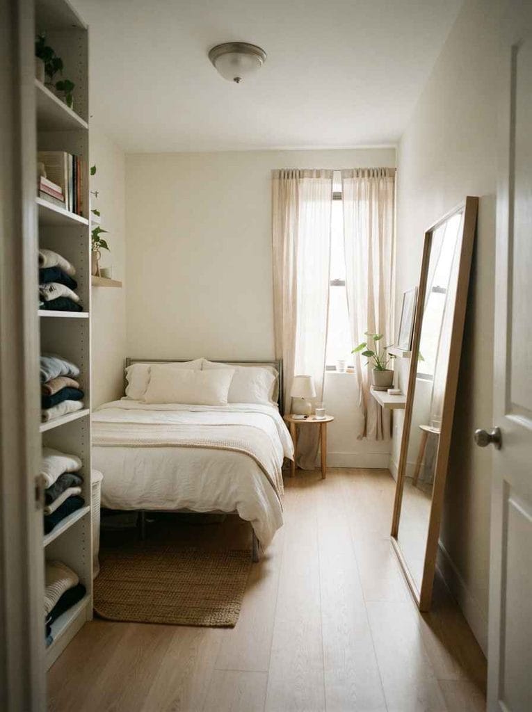 Small rental bedroom using a mirror, vertical storage, light curtains, and an open floor layout