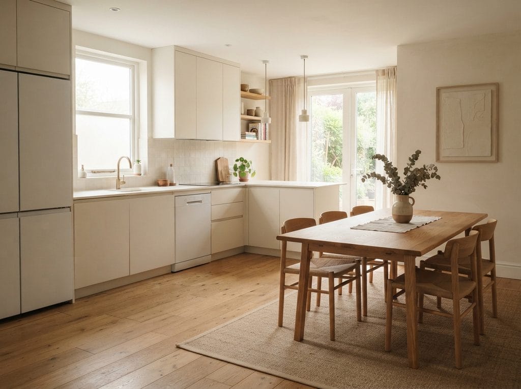 Minimalist kitchen and dining area with clear countertops and simple furniture