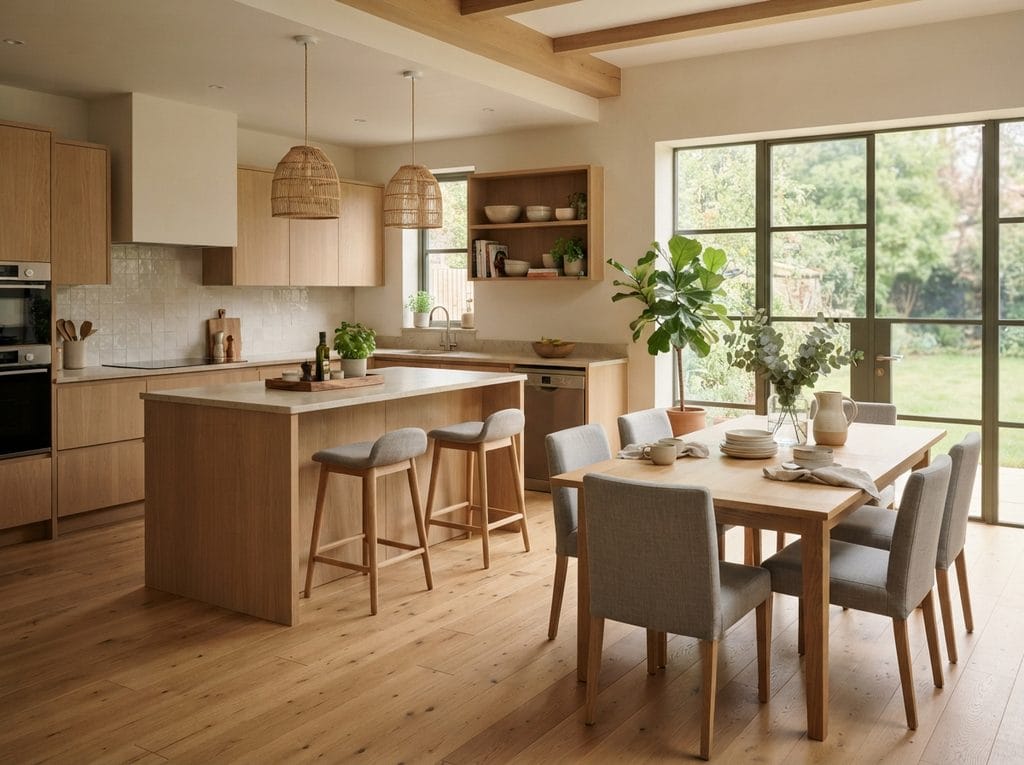 Warm wood kitchen with a matching wooden dining table and natural finishes