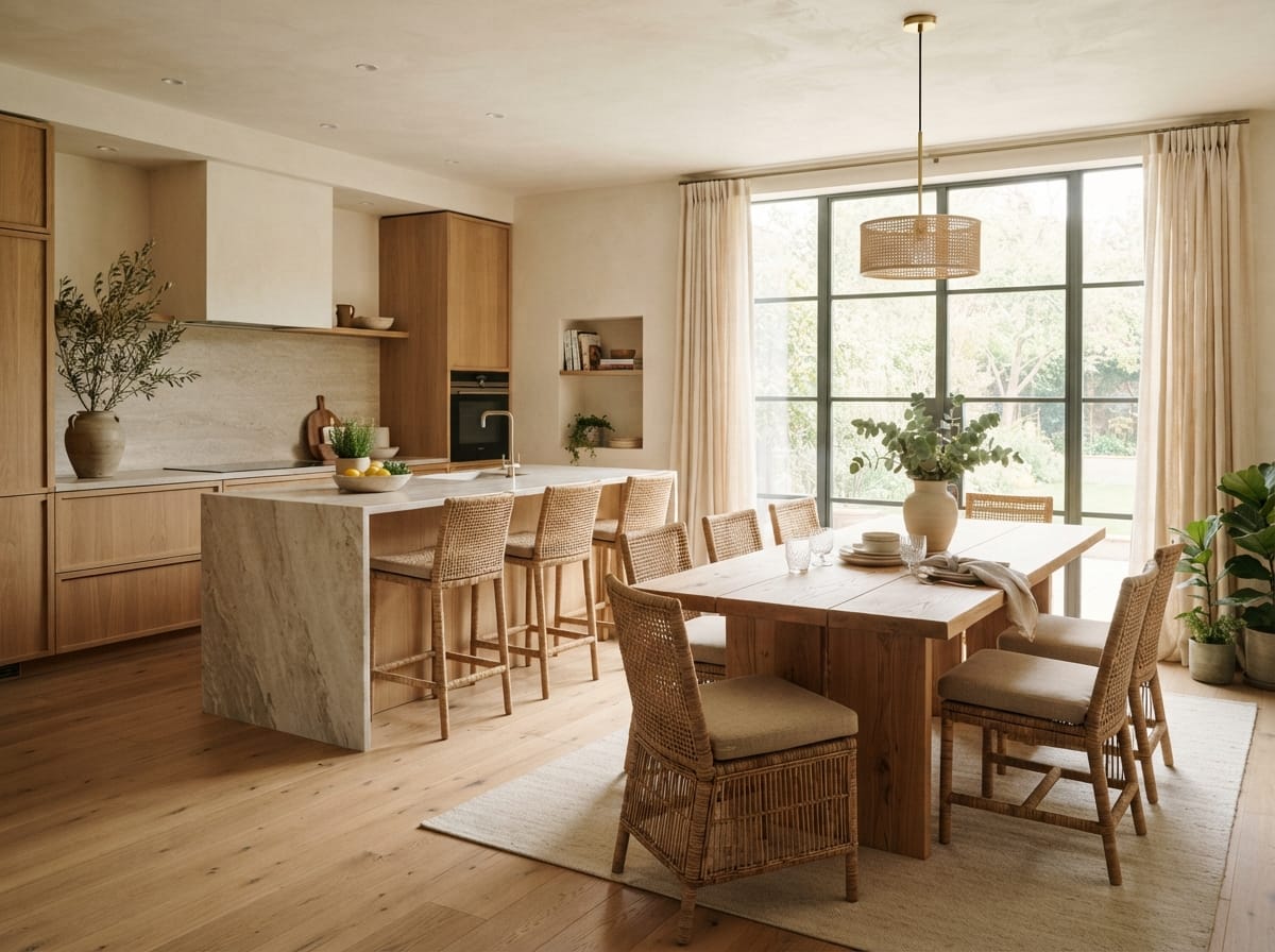 Kitchen and dining space featuring oak wood, rattan, and natural textures