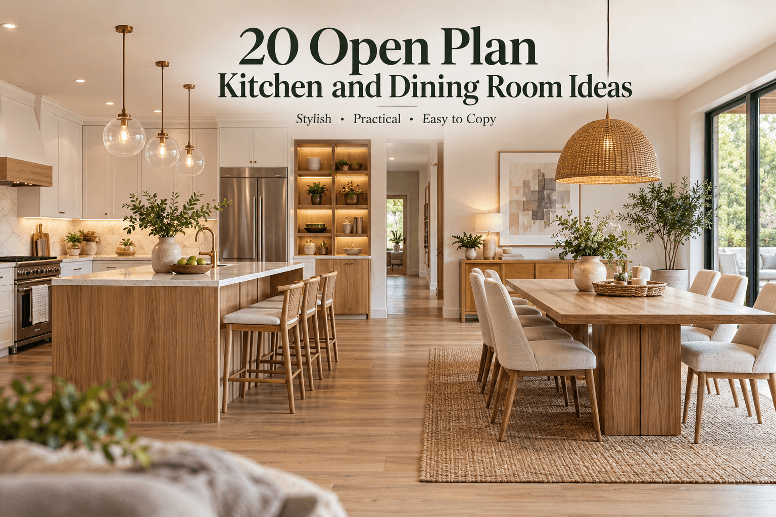 Open plan kitchen and dining room with a warm wood kitchen island, dining table, pendant lighting, and cohesive neutral decor.