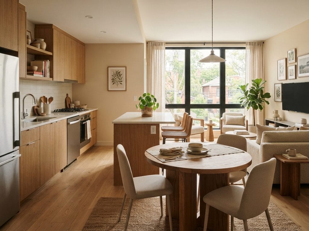 Cozy apartment kitchen with a compact round dining table and small island