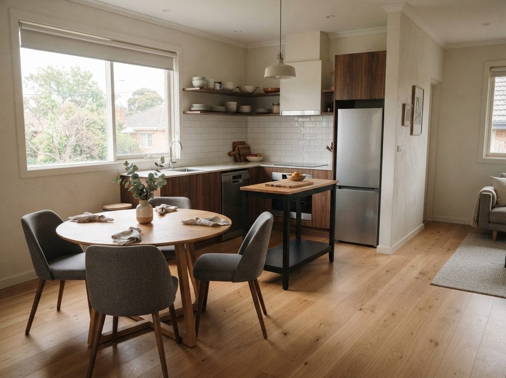 Round wooden dining table with four chairs beside a compact kitchen
