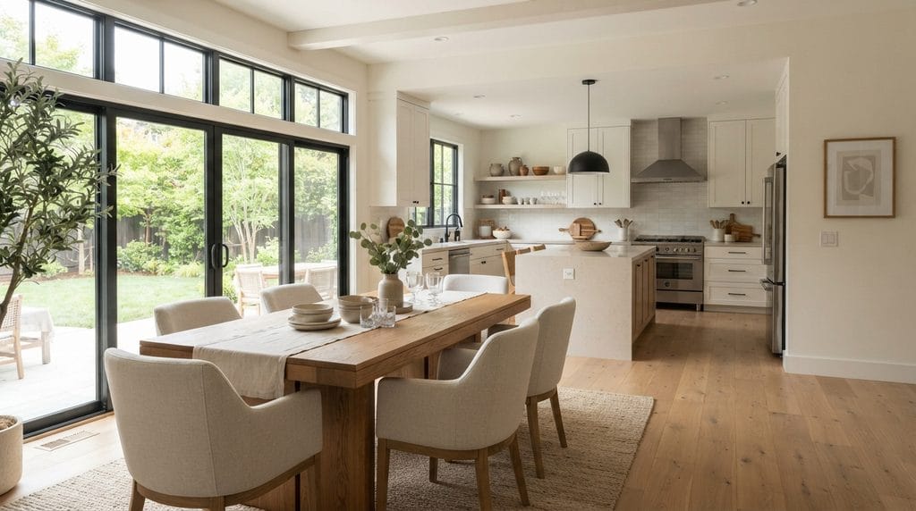 Dining table kept on a clear open sightline to the kitchen