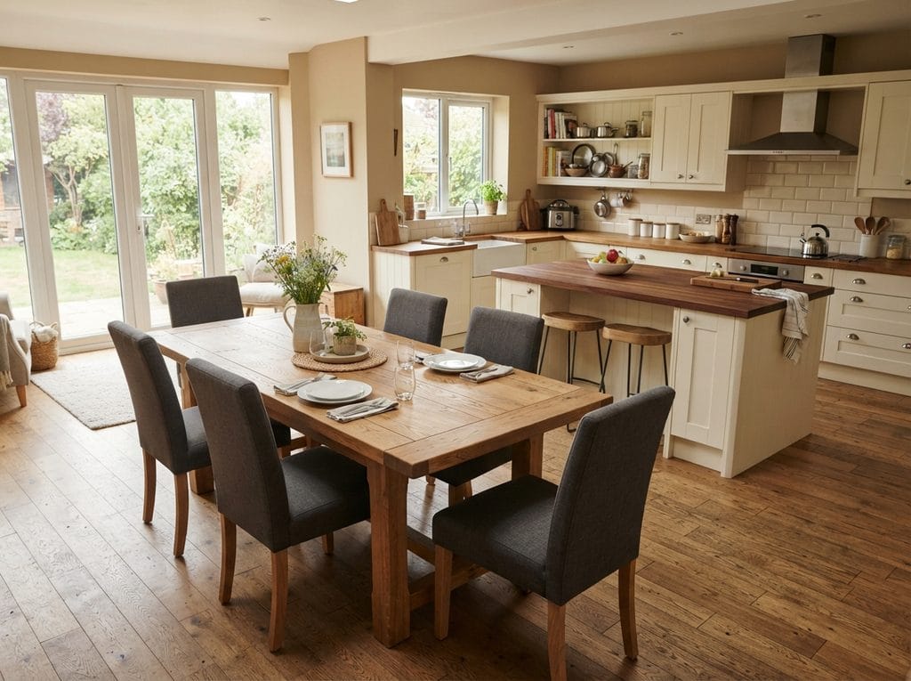 Spacious kitchen and dining area with a large table for family meals